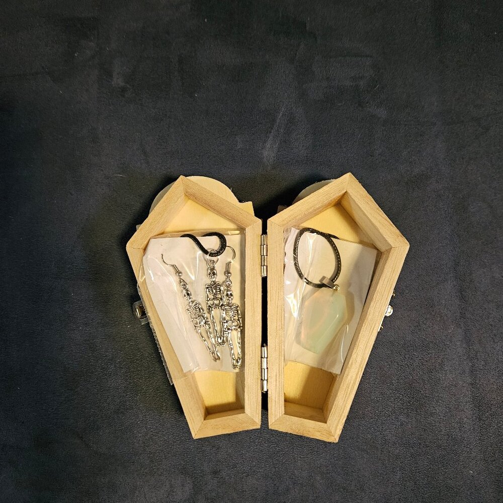 Opalite coffin gemstone/crystal pendant, skeleton pendant & earrings, coffin box